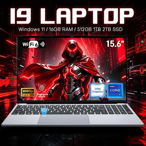 Silver 15.6-inch gaming laptop with slim bezels, a backlit keyboard, number pad, and a fingerprint sensor touchpad.