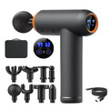 Matte black handheld muscle massage gun with digital display, eight interchangeable heads, storage case, and USB cable.