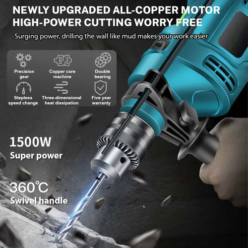 Turquoise electric drill with rotating chuck and side grip, close-up