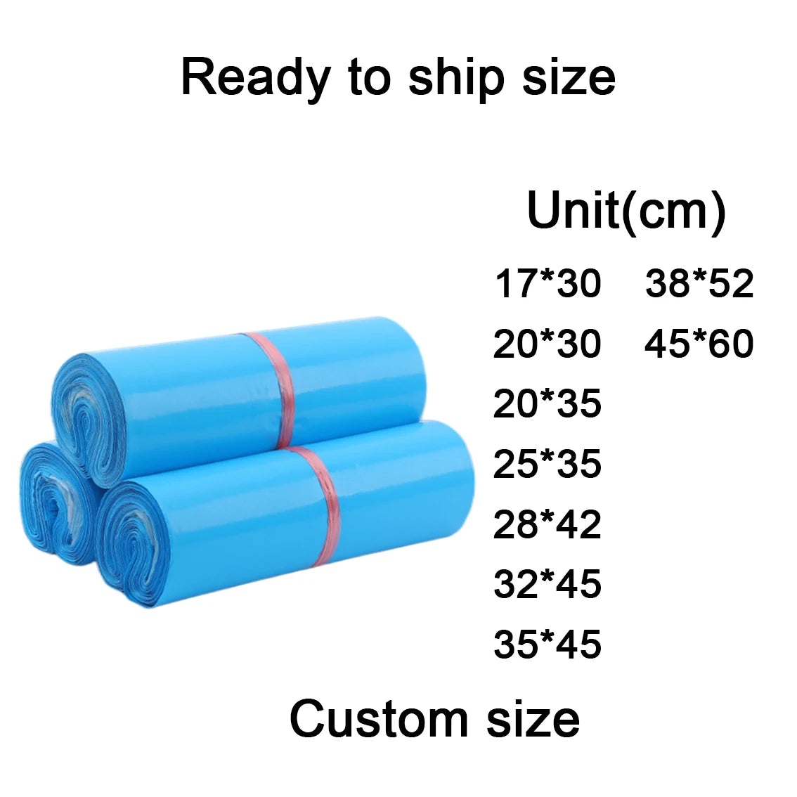 Poly mailer bag size chart showing rolled blue bags and unit(cm) custom sizes