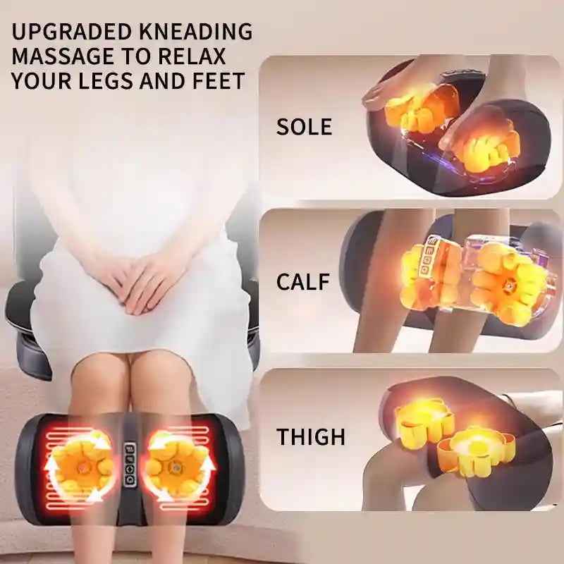 Black leg and foot massager with glowing yellow kneading rollers used on soles, calves, and thighs.