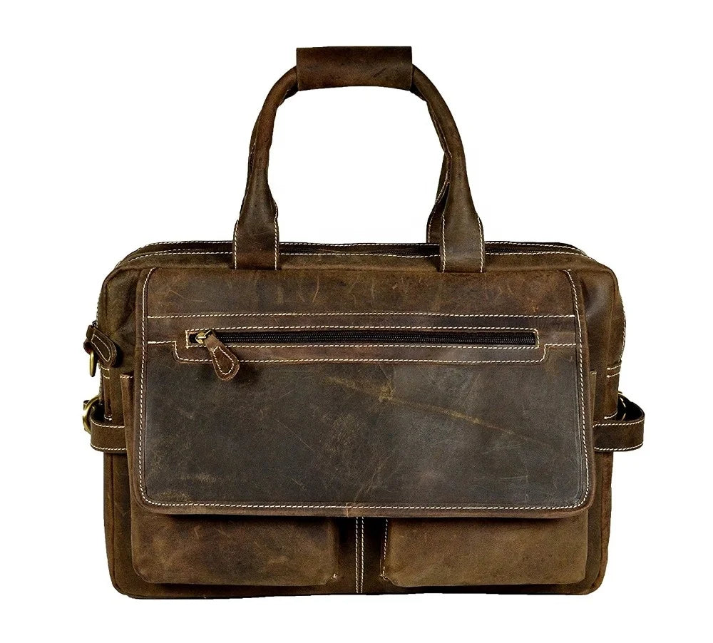 Handmade rustic brown genuine leather laptop messenger bag with dual front pockets and carry handles for men.