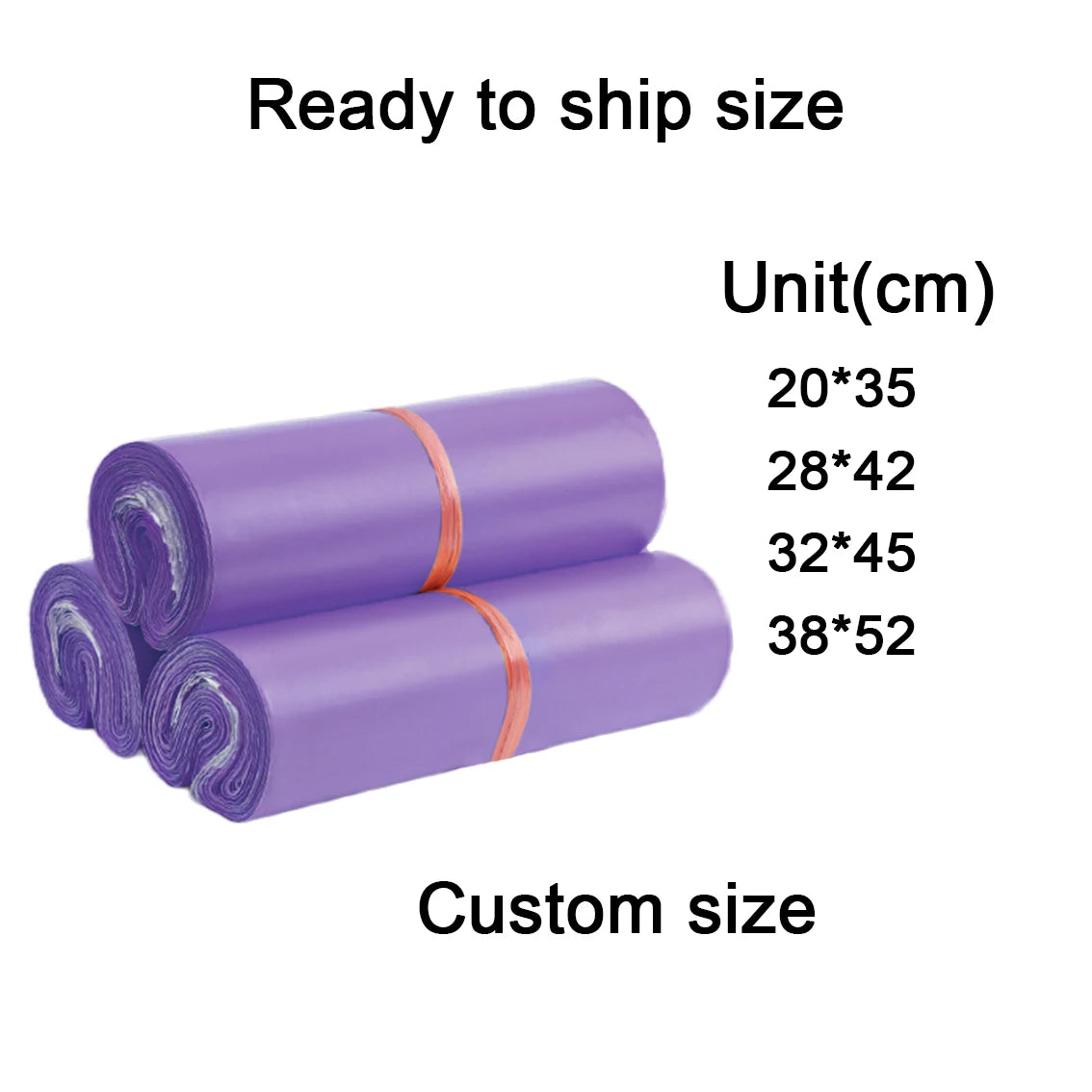 Purple courier poly mailer bags, rolled and tied bundles