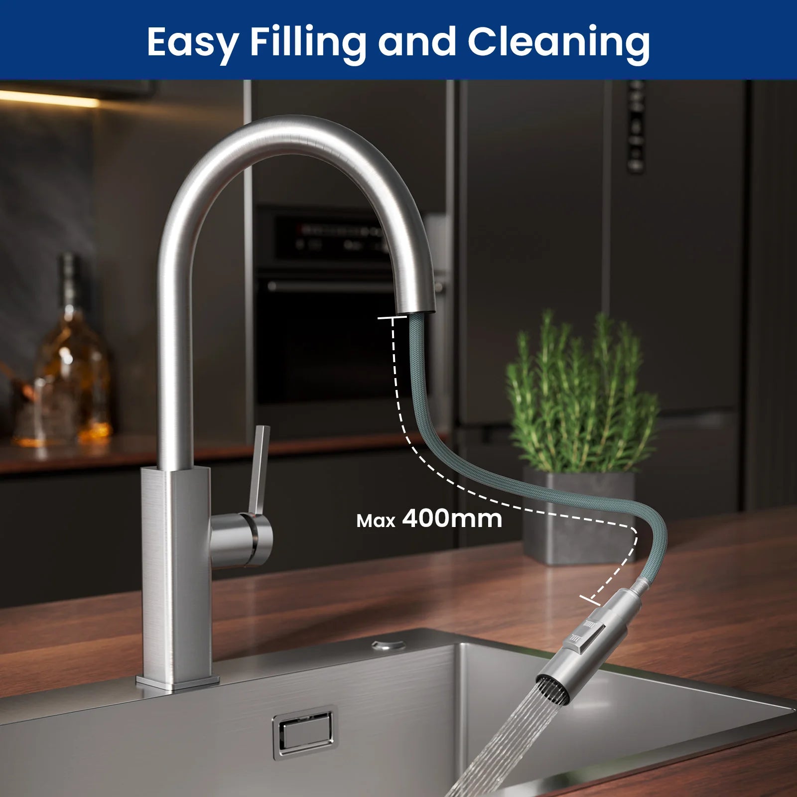 Kitchen Faucet Brushed, Screen Pull-Out Water Tap Kitchen 360 °   Rotatable, 2 Types of Spray Modes Cold Hot Water Stainless Steel 304, G3/8 Dvgw Single Handle Mixer, Sink Faucet Easy Installation