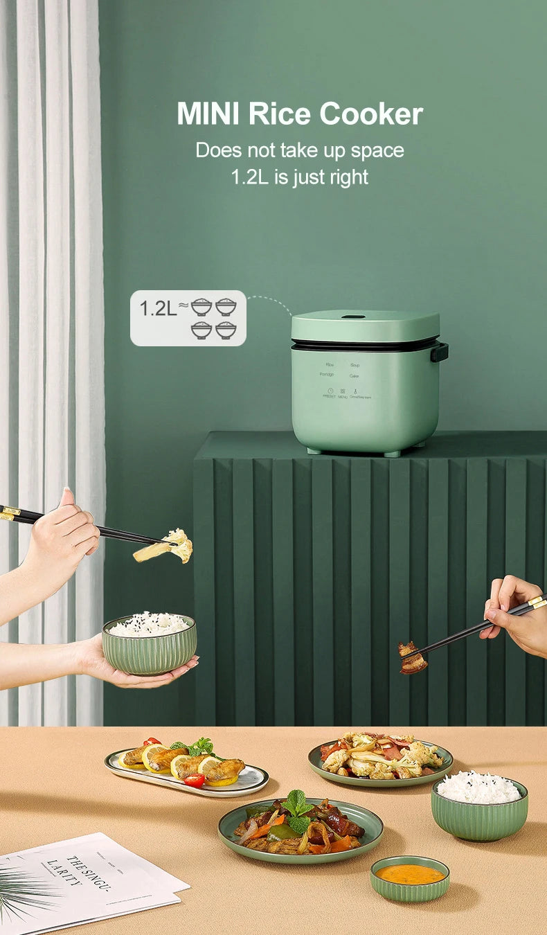 Mint-green rice cooker with lid closed and side handle, compact 1.2L design