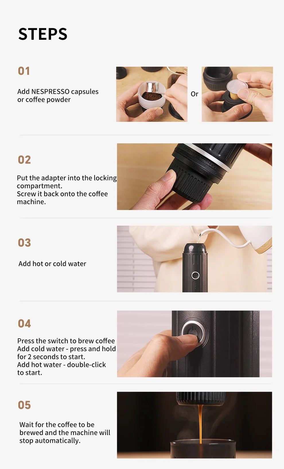 Black portable coffee maker steps showing Nespresso capsule compatibility and water pouring process.