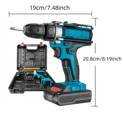 Cordless impact drill driver with blue accents and open case with bit set