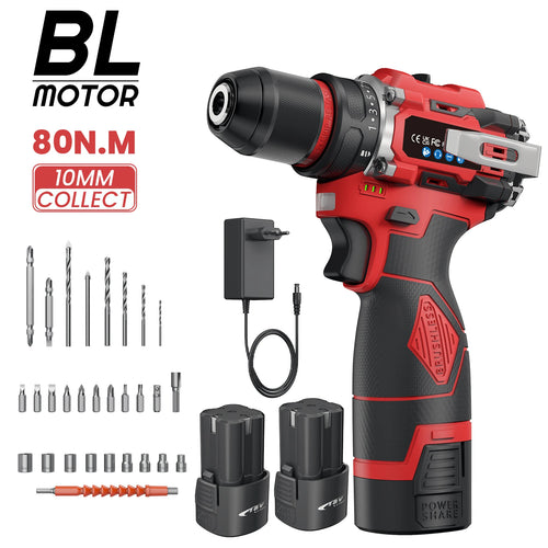 Red and black cordless brushless drill with chuck, charger, two batteries, and tool bits set