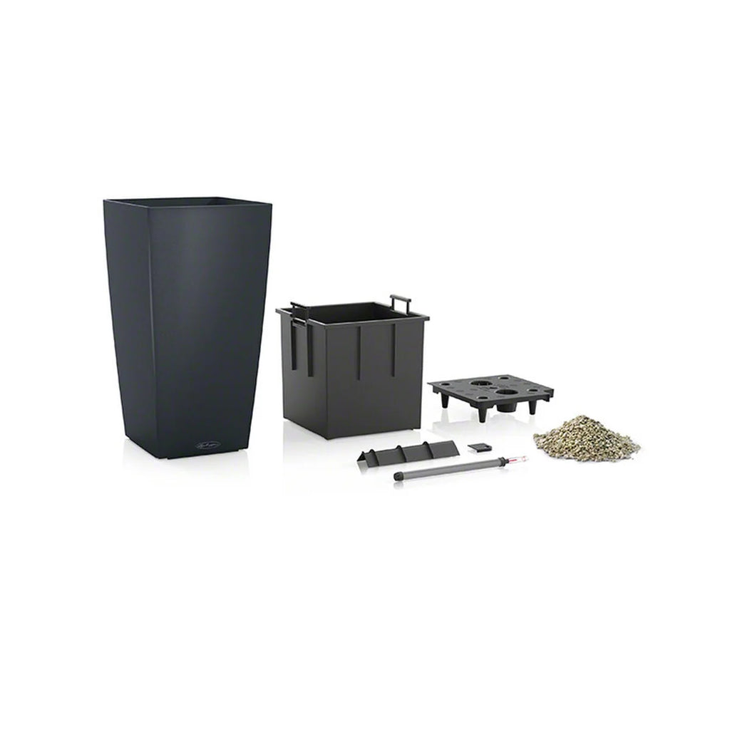 Black square planter bucket with accessories and base parts