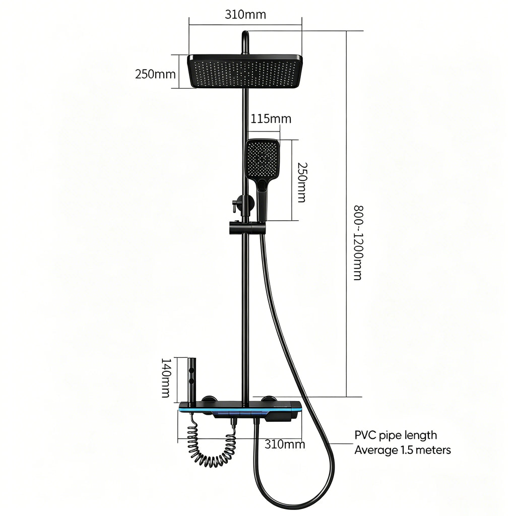 Bathroom Shower System Adjustable Temperature Black Tempered Glass Shower Set Digital Display Ambient Light Copper Mixer Shower