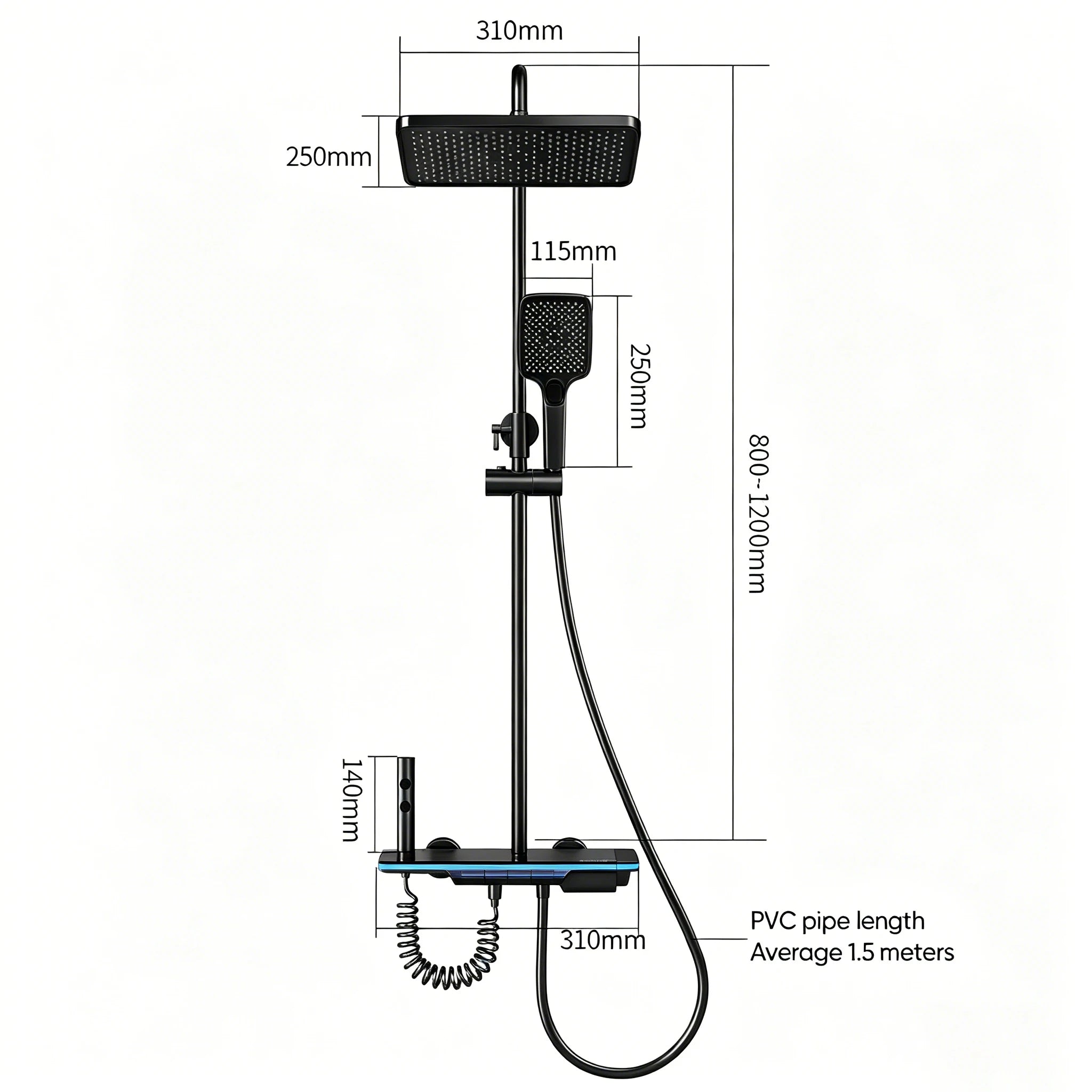 Bathroom Shower System Adjustable Temperature Black Tempered Glass Shower Set Digital Display Ambient Light Copper Mixer Shower