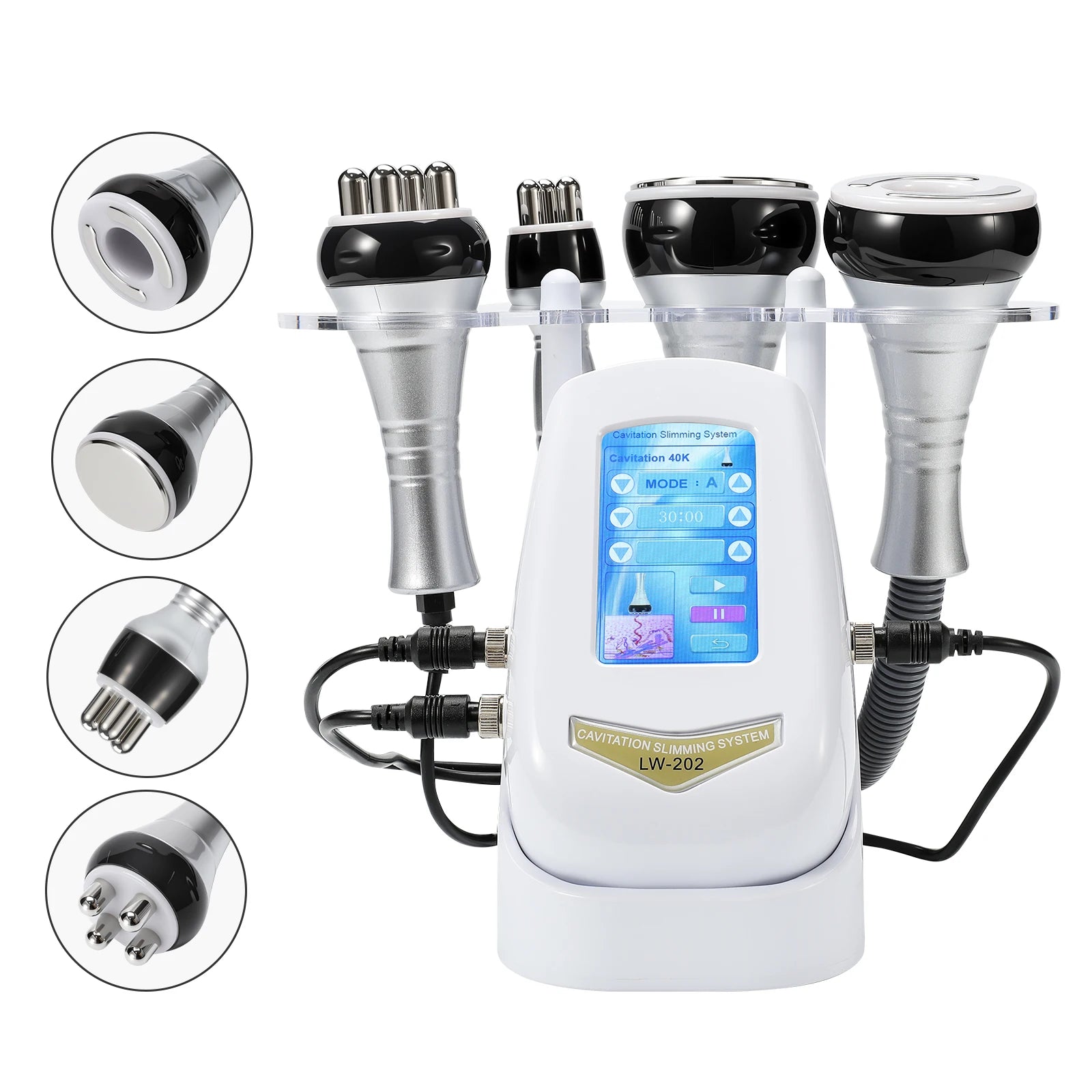 6-in-1 ultrasonic cavitation slimming machine and facial rejuvenation device with touch screen and multiple probe heads.
