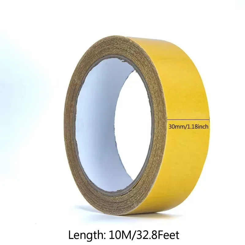 Yellow double-sided carpet tape roll, 30mm width, 10m length