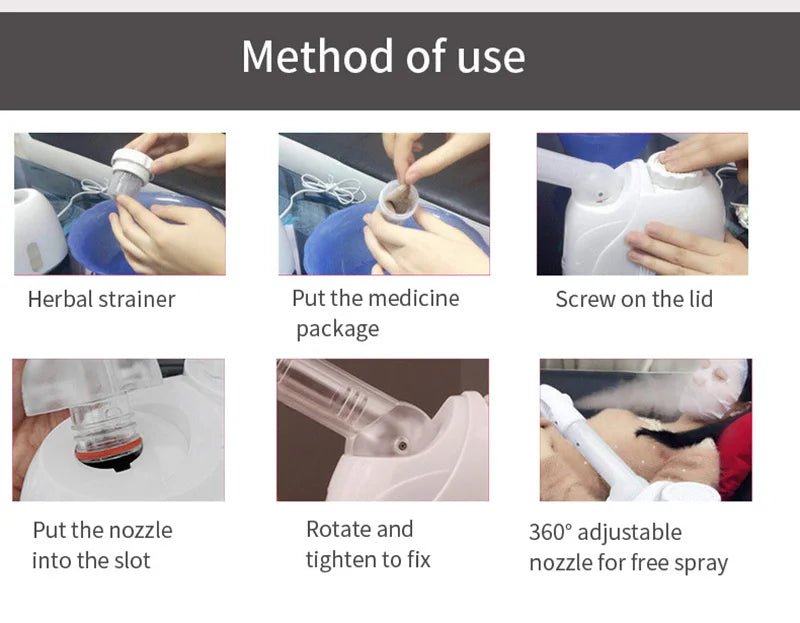 Six steps for setting up a white plastic facial steamer with an herbal strainer and adjustable nozzle for steam therapy.