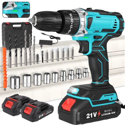 Cordless drill driver kit with teal/black drill, battery packs, drill bits and sockets