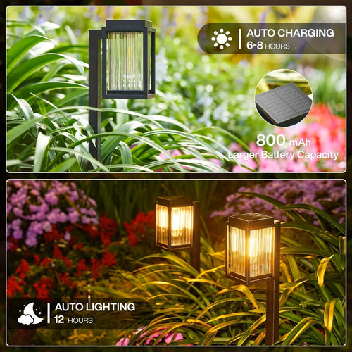Solar garden pathway lights with square black lamp heads, shown in bright outdoor grass