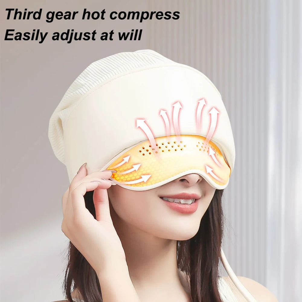Electric head and eye massager with 3 hot compress gears, gasbag wrapping, and adjustable beige wrap-around mask design.