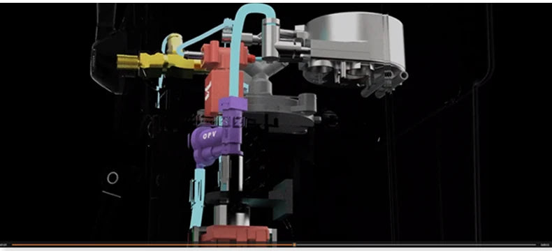 Technical diagram showing the colorful internal pump and metal boiler components of a professional espresso machine.