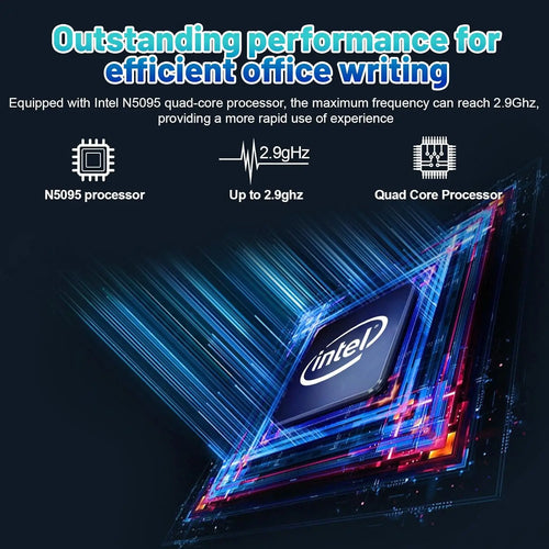 Infographic for AEEZO laptop featuring an Intel N5095 quad-core processor with light streaks and technical icons.