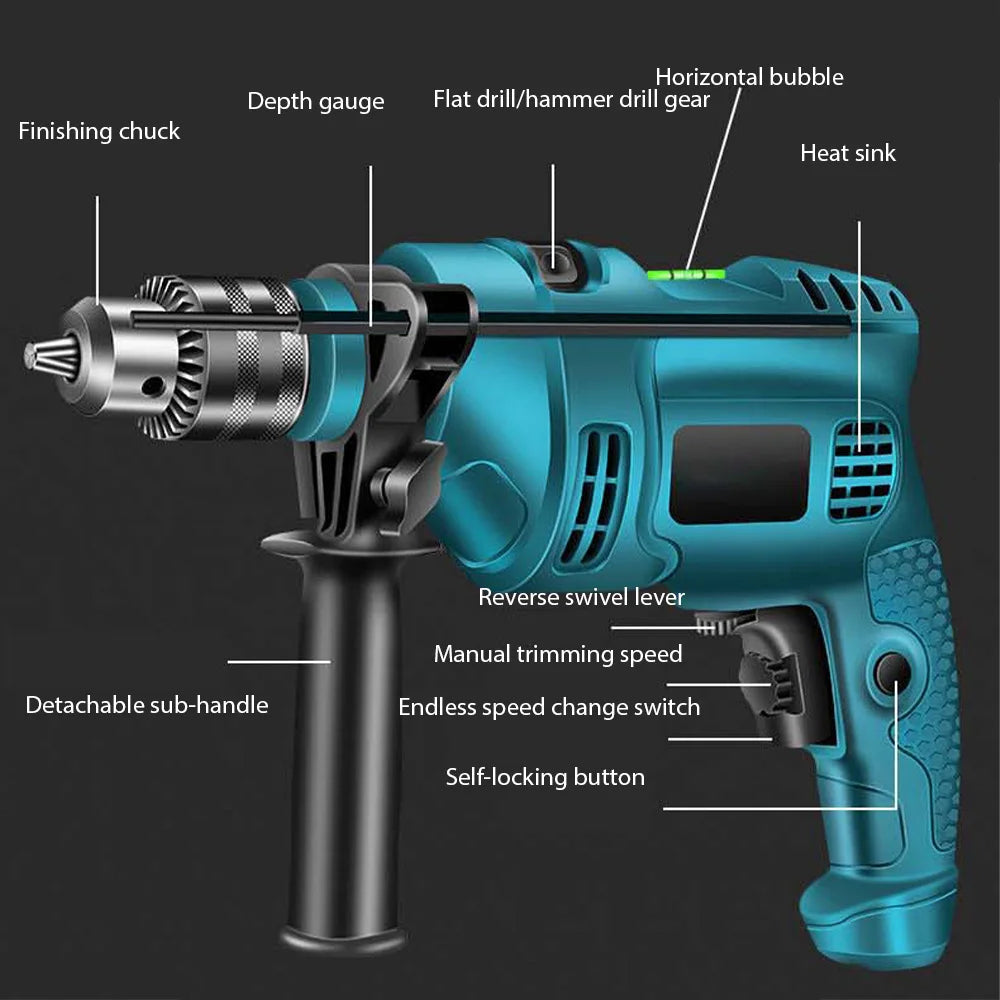 1500W 220V Electric Drill Impact Drill Multi-Functional Household Tool for Cutting Wood, Metal, and Stone, as well as Drilling Wall Holes