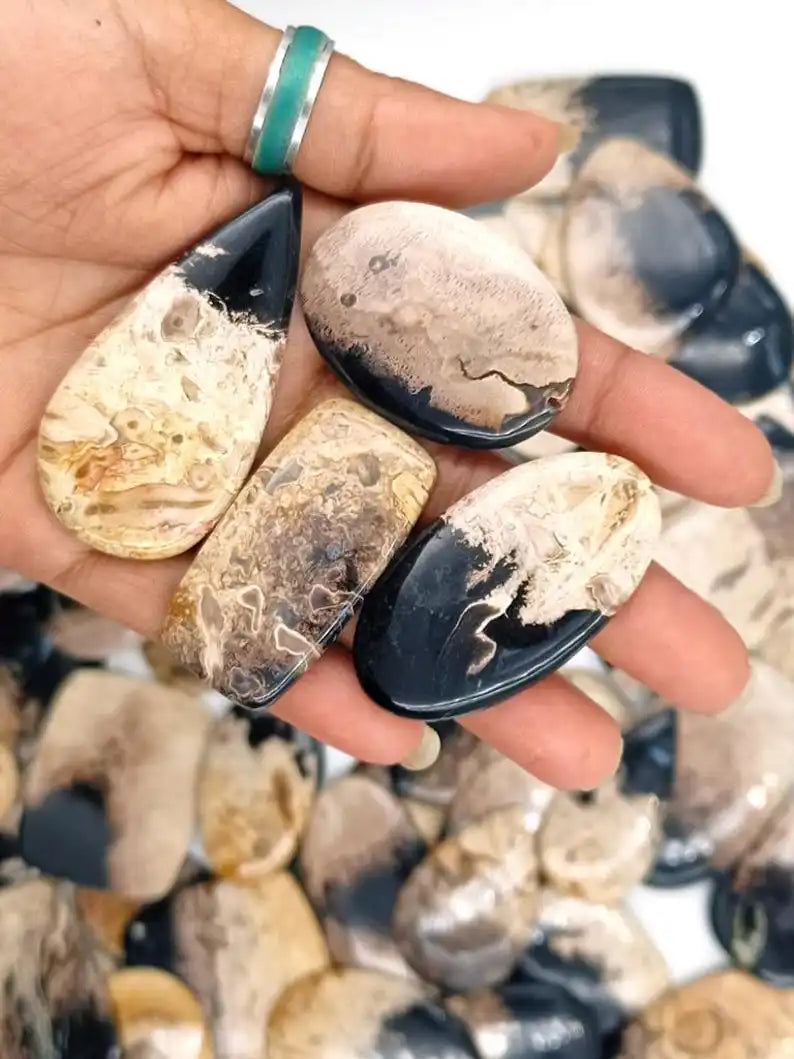 Handheld oval cabochon stones, dark black and beige marbled mix for jewelry making