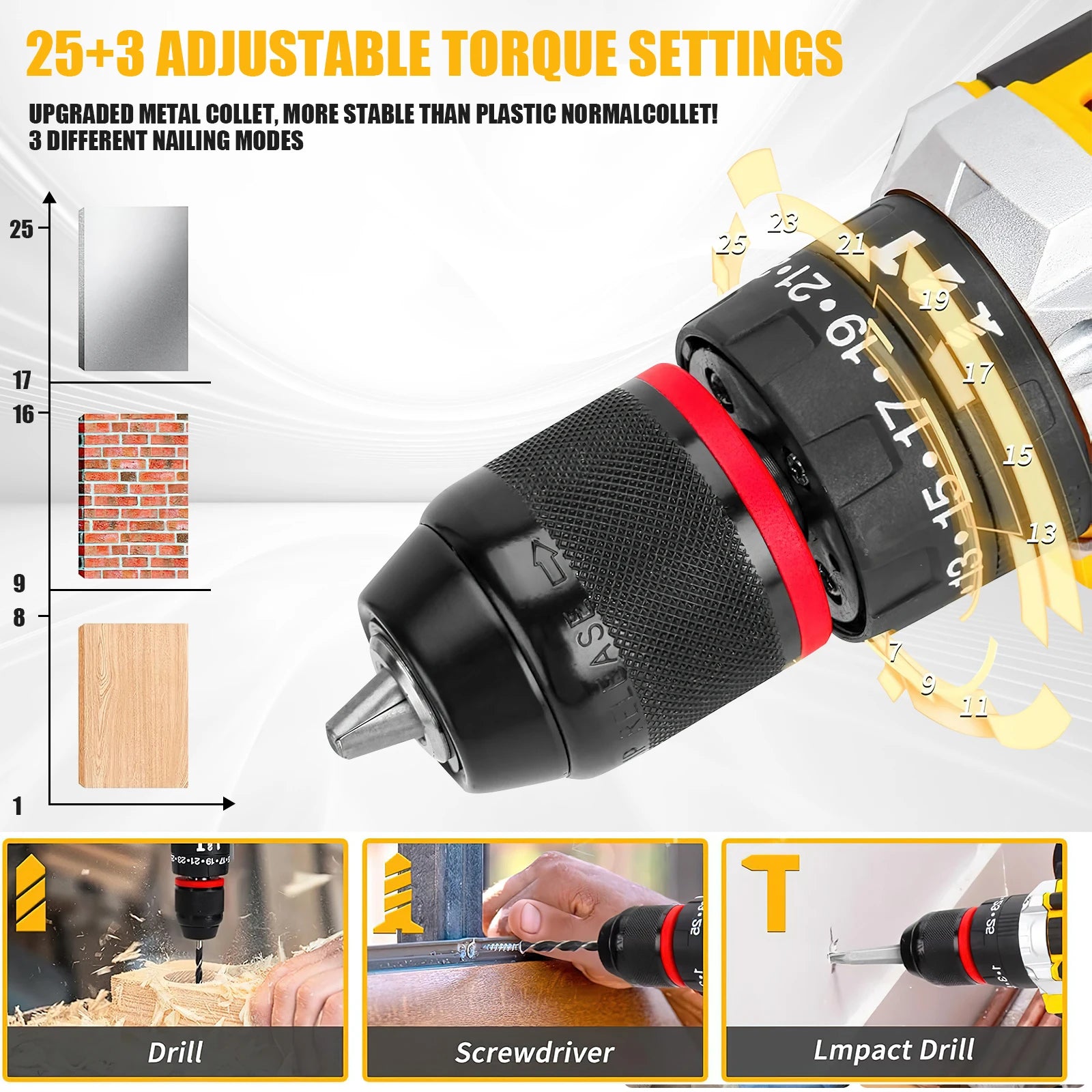 25+3 Torque Electric Impact Drill Set 120 Pcs Multipurpose Cordless Electric Screwdriver Power Tool For 21V Battery Pin