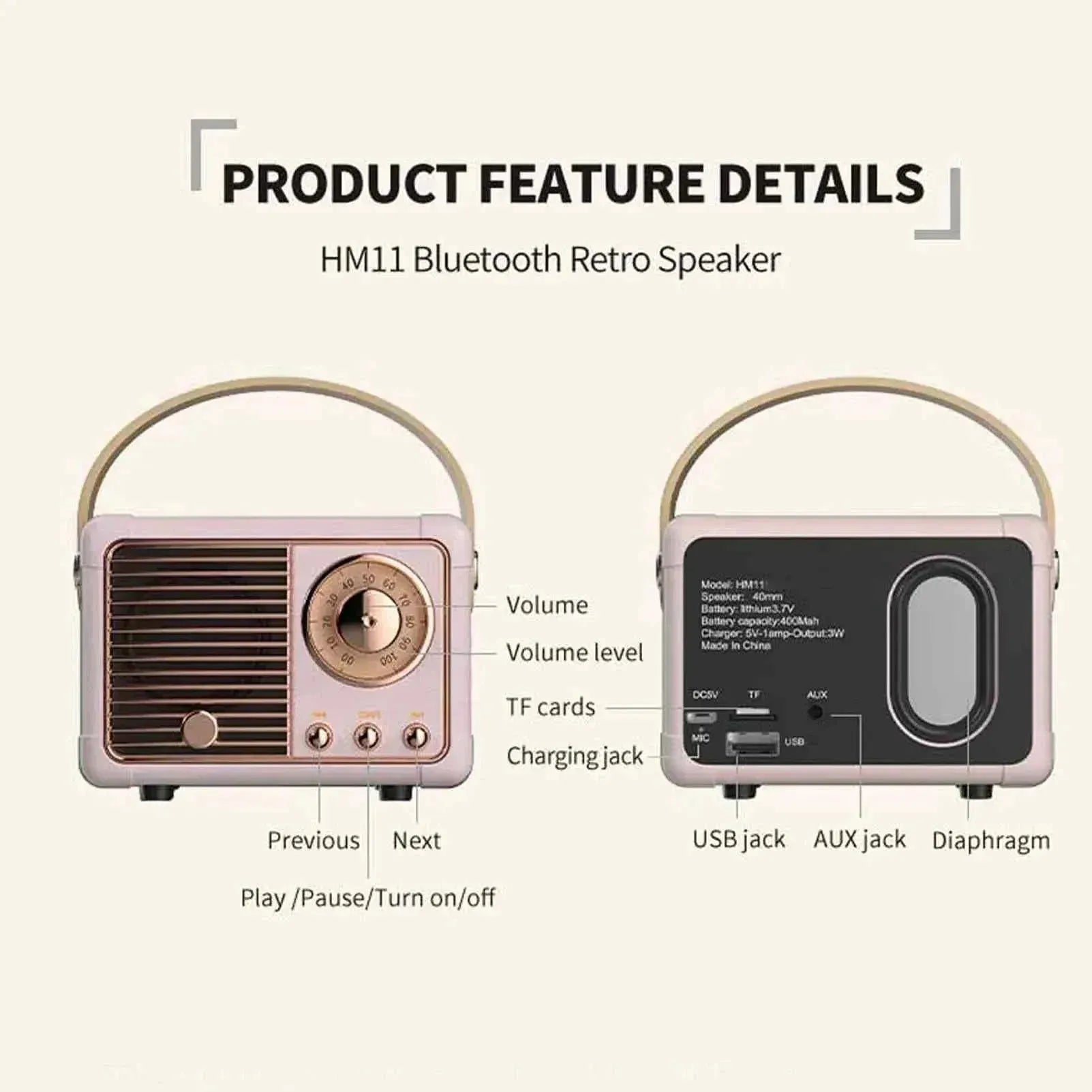 Portable Bluetooth Speaker - Retro Design with RGB LED & Metal Housing My Store
