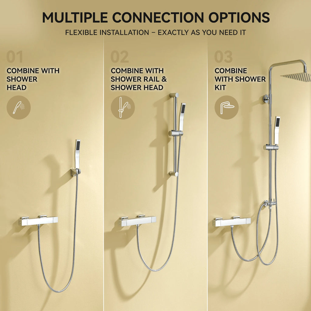 Square Thermostatic Shower Mixer Valve, Chrome Finish, Wall Mounted, 38°C Safety Lock, G1/2 Connection, Automatic Control