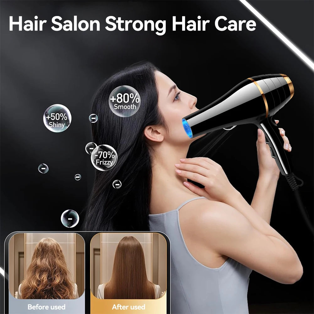 Professional 1800W black and gold ionic hair dryer for fast, smooth, frizz-free drying and salon-quality hair care.