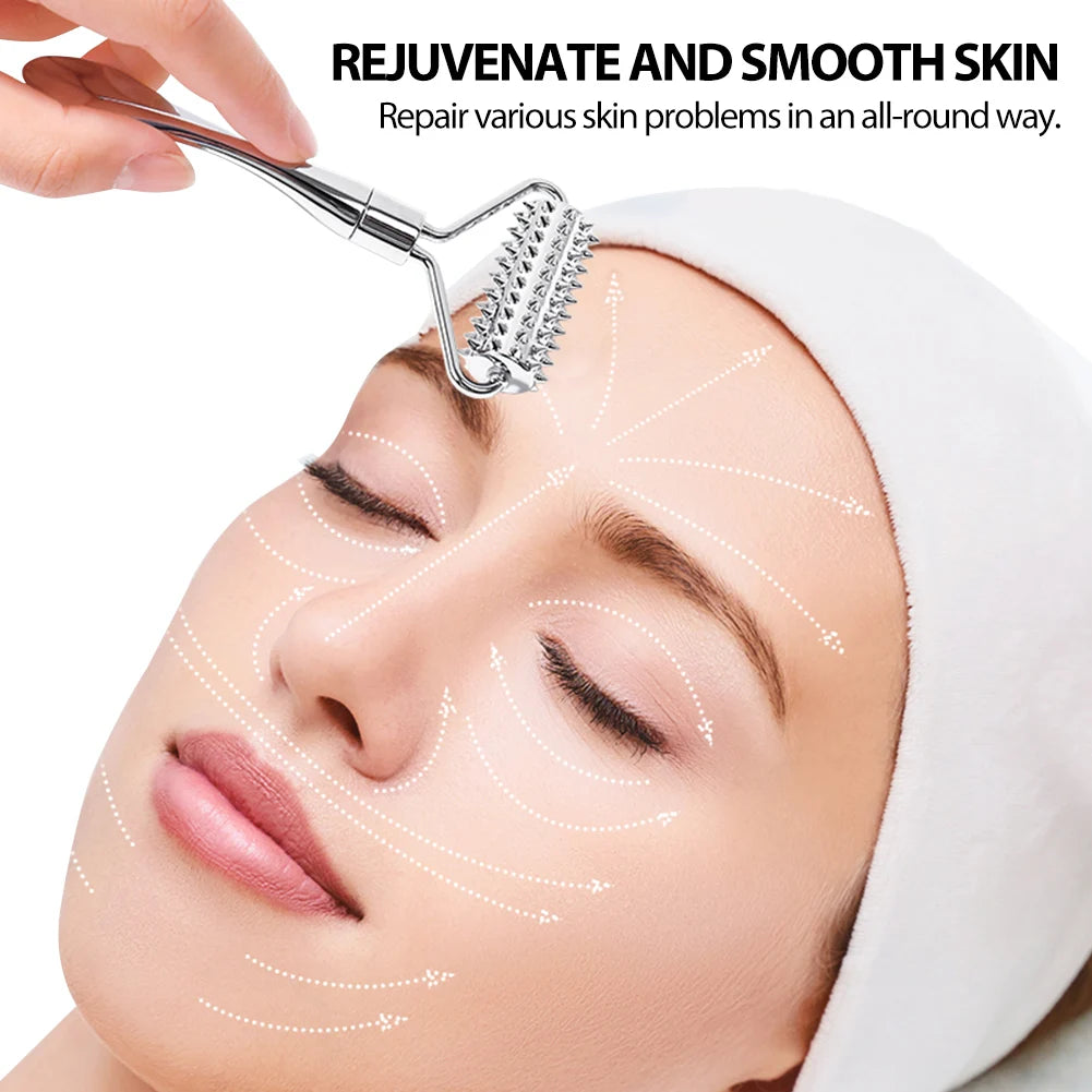 Hand holding a silver metal spiked facial roller massager against a woman’s forehead with dashed directional arrows.