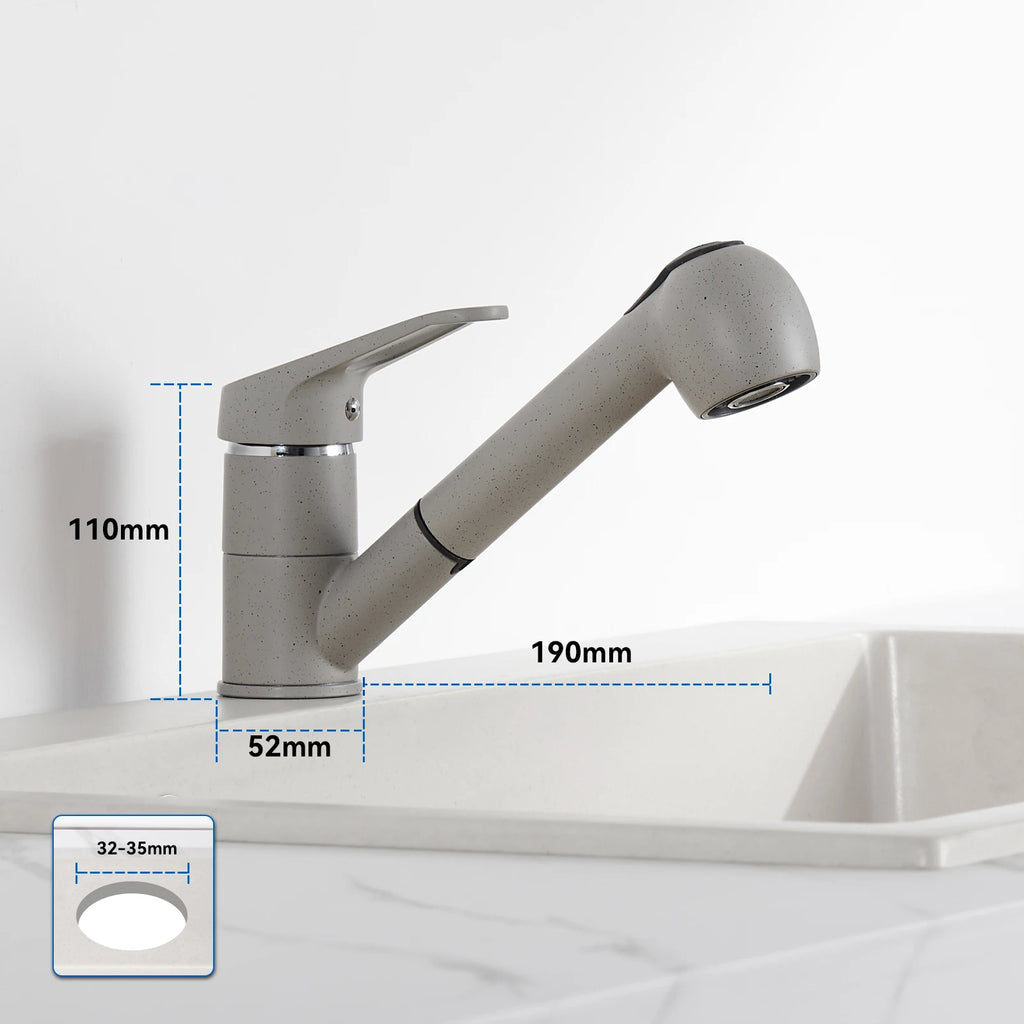 Kitchen Tap Grey, Pipe Shape Pull Out Kitchen Faucet 180 Swivel, 2 Modes Spray Hot Cold Water Mixer, Brass Body Drink Water Sink Mixer, Easy Install PEX Hose, Standard G3/8 Modern Home Laundry Deck Mounted Water Tap