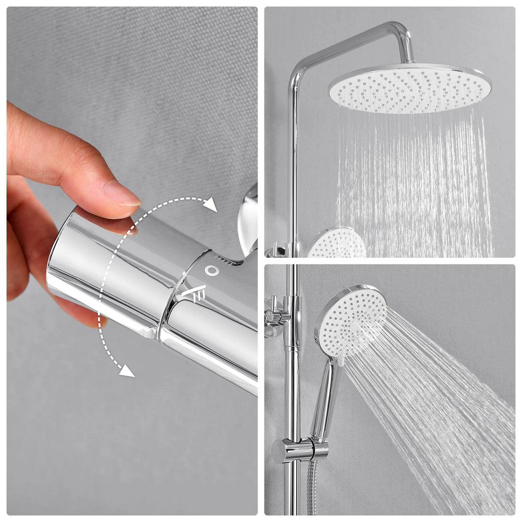 Auralum Shower Column With Thermostatic Tap, 38°C Brass Mixer, Shower Head 25 × 25 Cm, Height Adjustable 102-125cC, Chrome