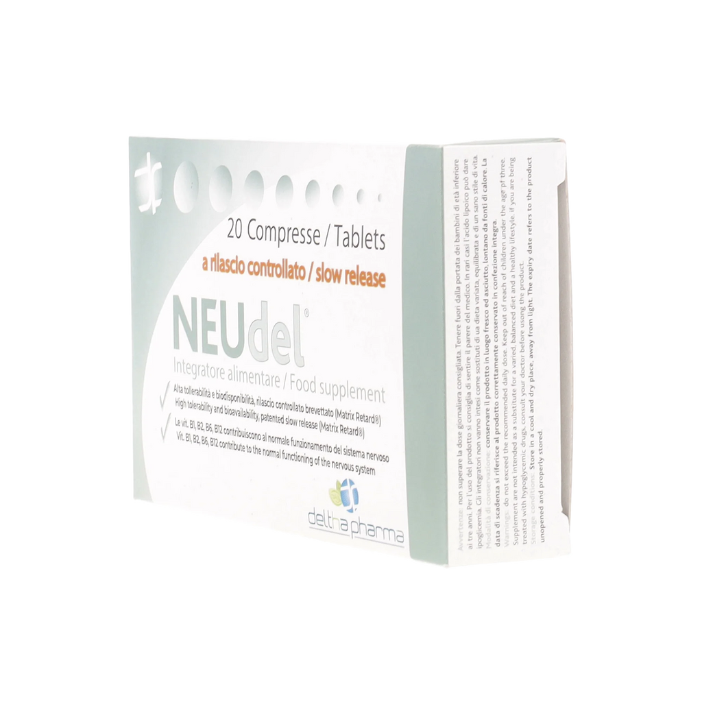 Deltha Pharma NEUdel 20 tablets: Alpha Lipoic Acid and B Vitamins supplement for nervous system support by Tidesmit.