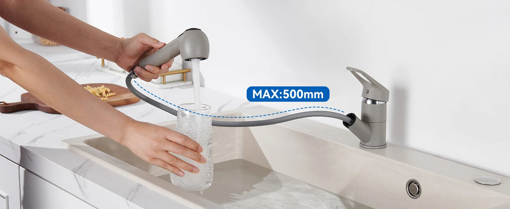 Kitchen Tap Grey, Pipe Shape Pull Out Kitchen Faucet 180 Swivel, 2 Modes Spray Hot Cold Water Mixer, Brass Body Drink Water Sink Mixer, Easy Install PEX Hose, Standard G3/8 Modern Home Laundry Deck Mounted Water Tap