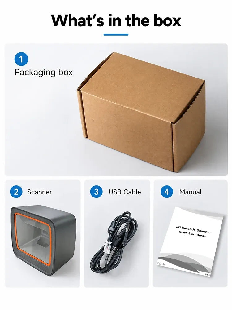 Barcode scanner kit: cardboard box, scanner, USB cable, and instruction manual