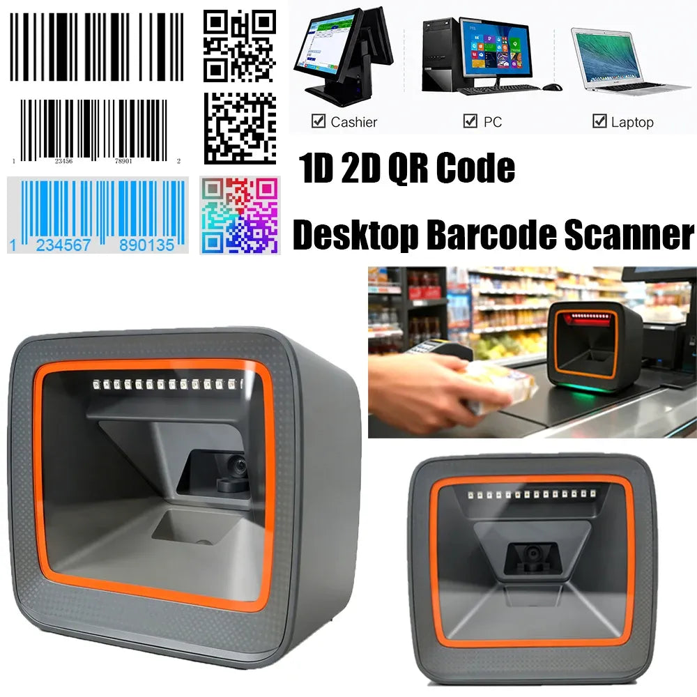 Desktop 1D/2D barcode scanner with dark gray body and orange front outline