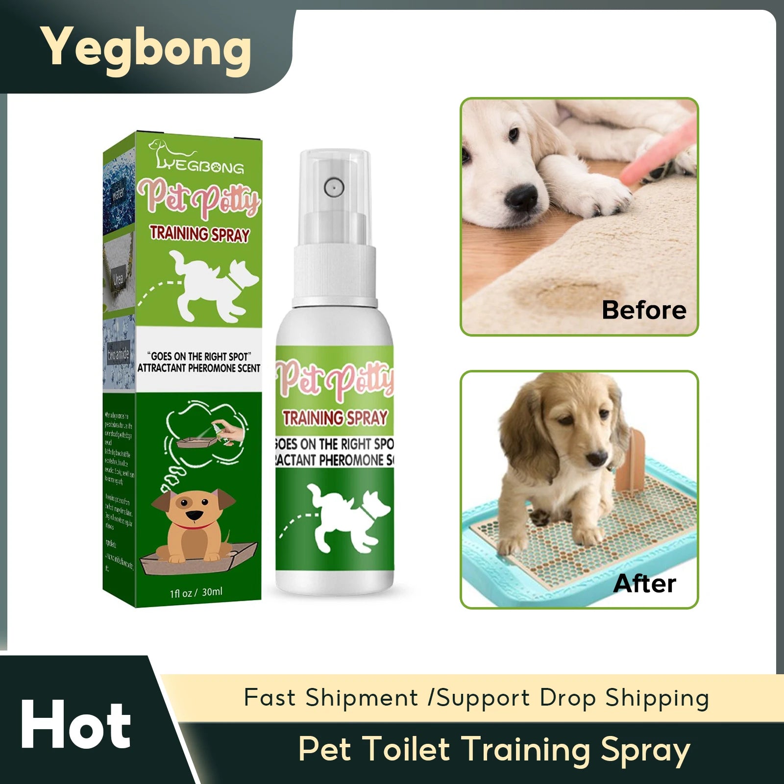 Yegbong 30ml dog potty training spray with pheromone scent to help puppies learn toilet positioning quickly.