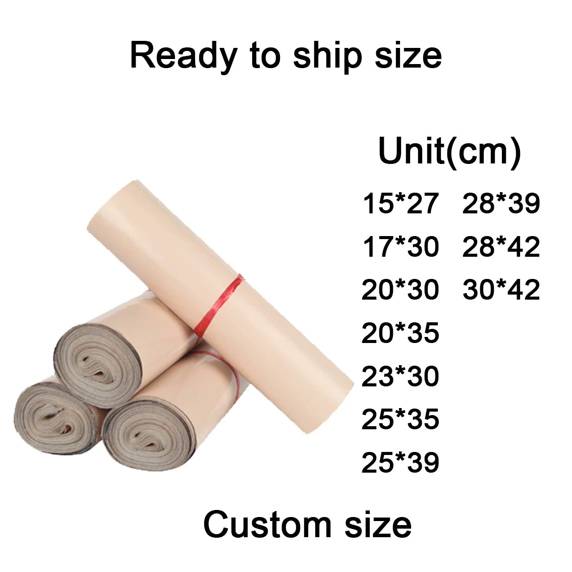 Tan poly mailer rolls with red bands and “ready to ship size” chart