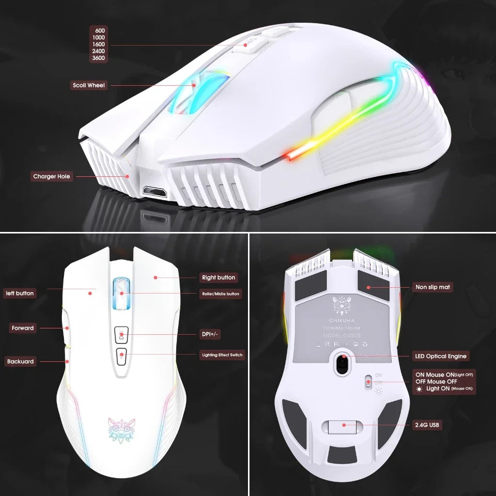 Onikuma Cw905 Wireless 2.4g Mouse Mode Rgb Lighting Mechanical Adjustable Dpi Gaming Mouse