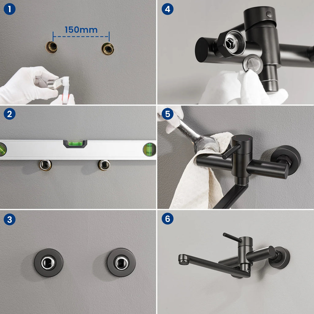 Kitchen Tap Black, Wall Mounted Kitchen Faucet 360 Swivel, Water Saving Hot Cold Mixer 304 Stainless Steel, Single Handle with Aerator, Sink Mixer Tap for Home Modern Design Replacement