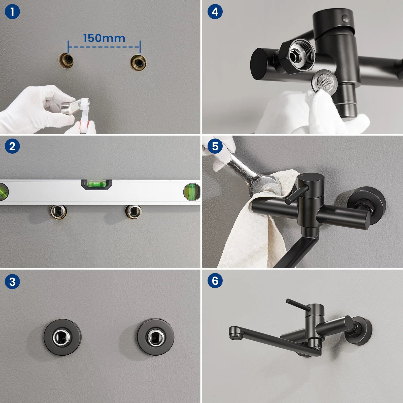 Kitchen Tap Black, Wall Mounted Kitchen Faucet 360 Swivel, Water Saving Hot Cold Mixer 304 Stainless Steel, Single Handle with Aerator, Sink Mixer Tap for Home Modern Design Replacement