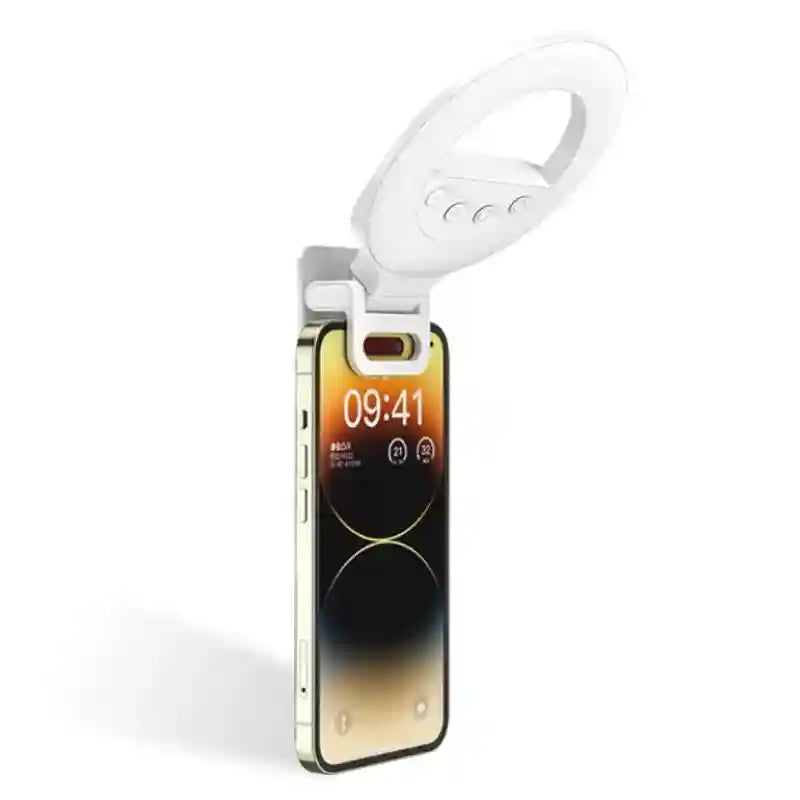 White clip-on LED ring light for mobile phones, featuring an adjustable head for photography and video lighting.