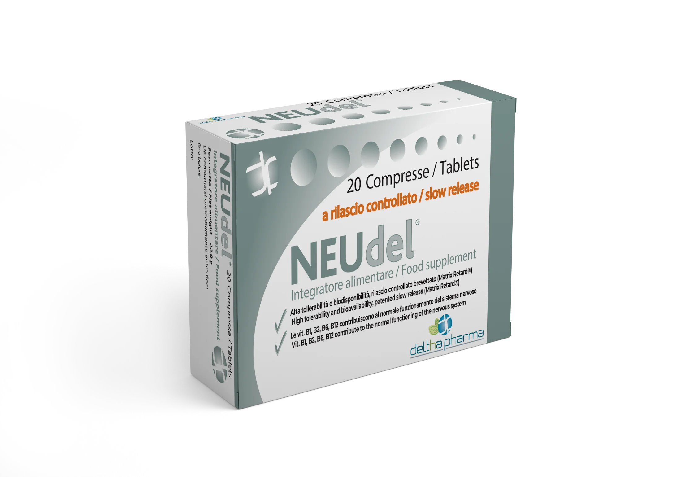 Deltha Pharma NEUdel 20 tablets: Slow-release Alpha Lipoic Acid and B Vitamins supplement for nervous system health.