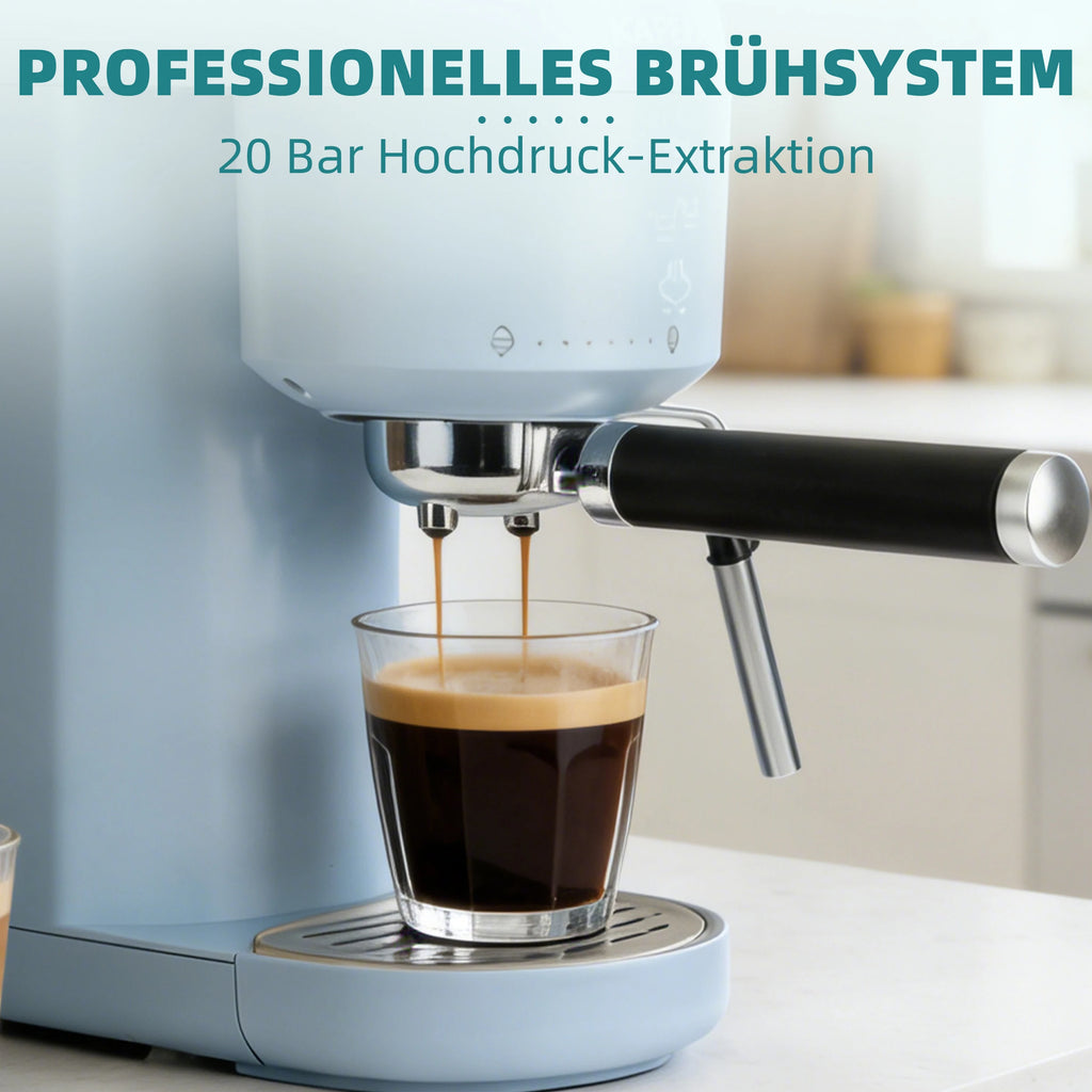 Light blue 20 bar espresso machine with portafilter pouring coffee into a glass on a kitchen counter.