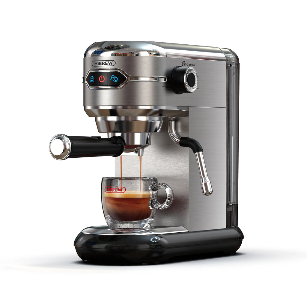 HiBREW stainless steel espresso machine brewing coffee into a glass cup with steam wand and digital control panel.