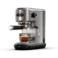 HiBREW stainless steel espresso machine brewing coffee into a glass cup with steam wand and digital control panel.