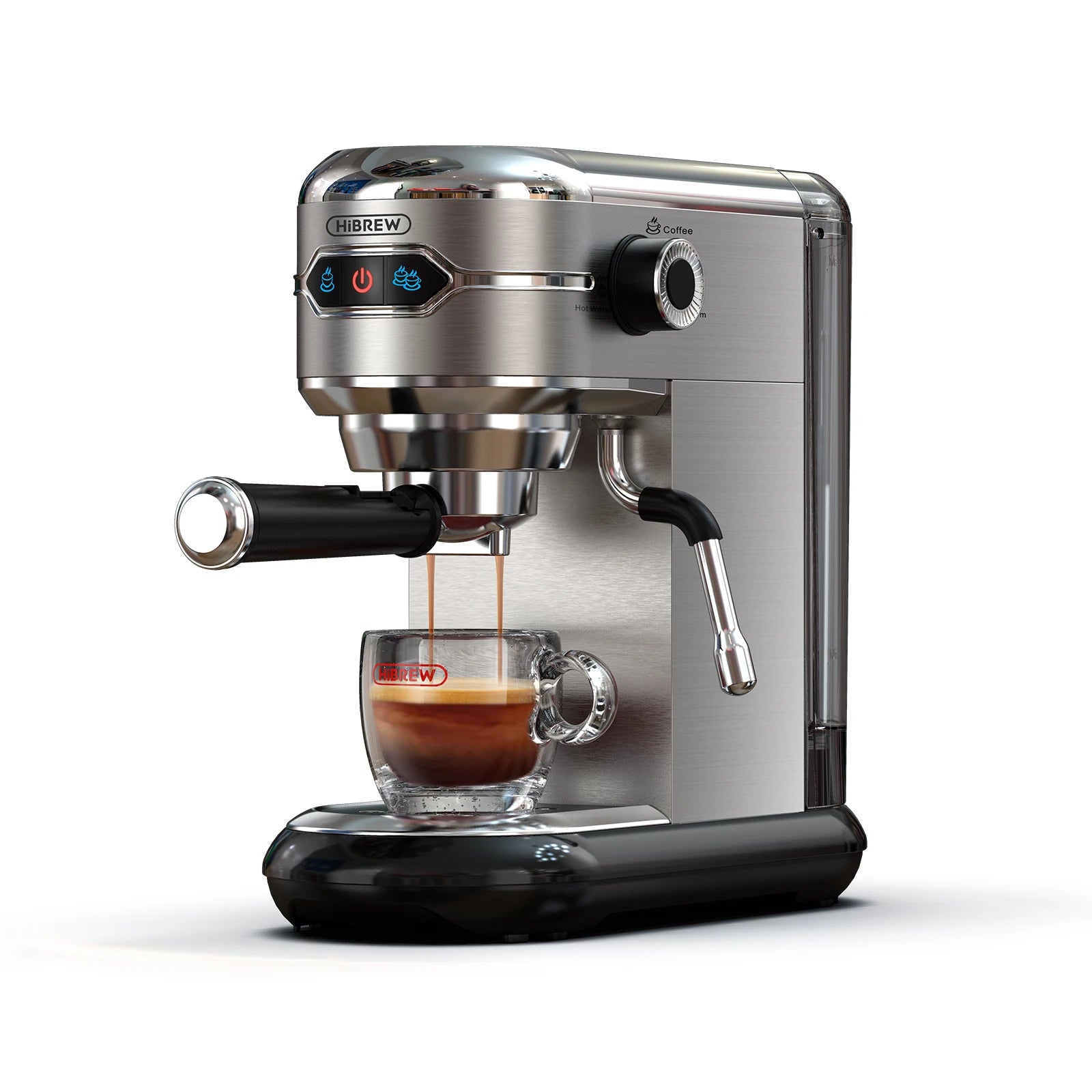 HiBREW stainless steel espresso machine brewing coffee into a glass cup with steam wand and digital control panel.