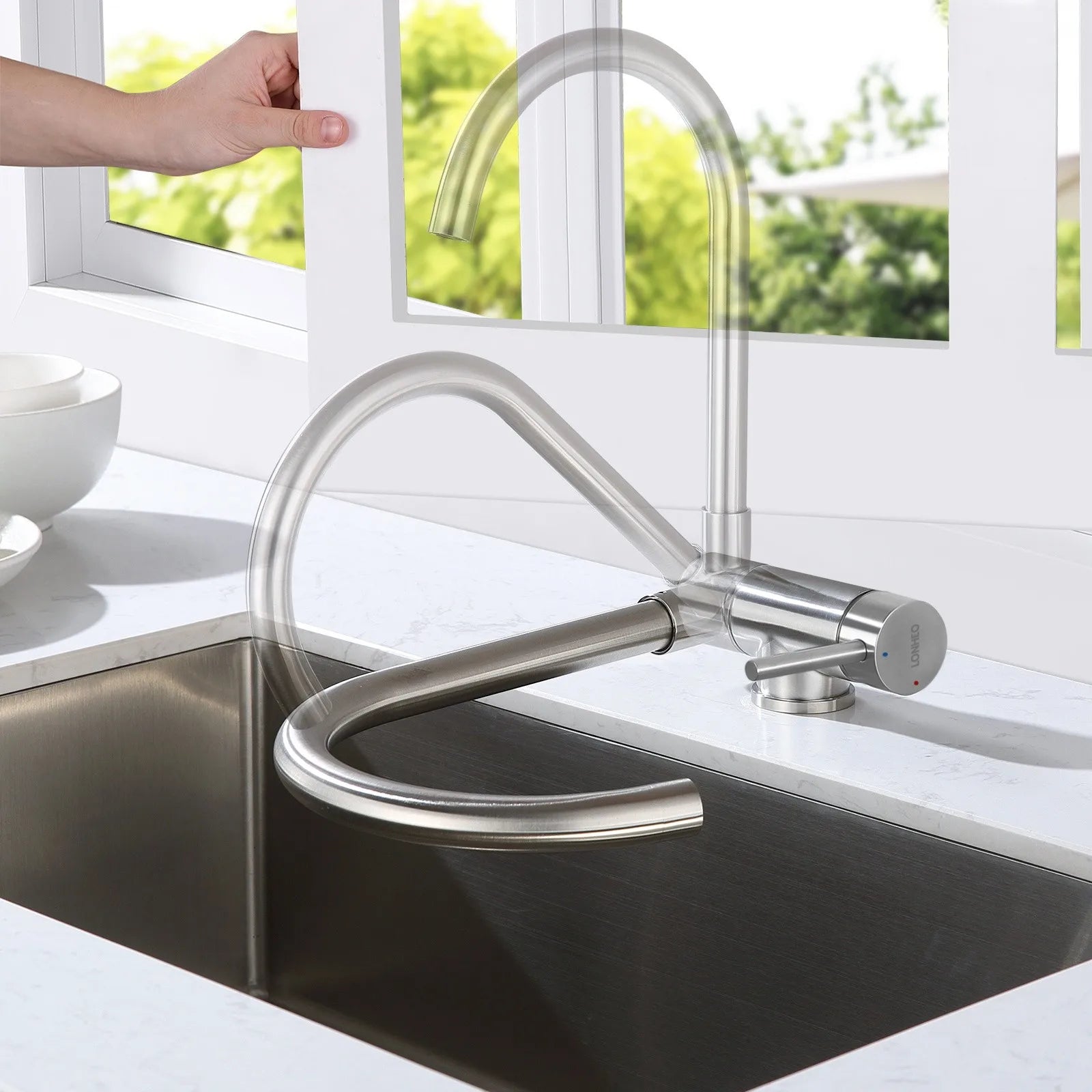 Black Folding Kitchen Mixer, Foldable Kitchen Faucet Against Window in 304 Stainless Steel, 360° Swivel Kitchen Faucet
