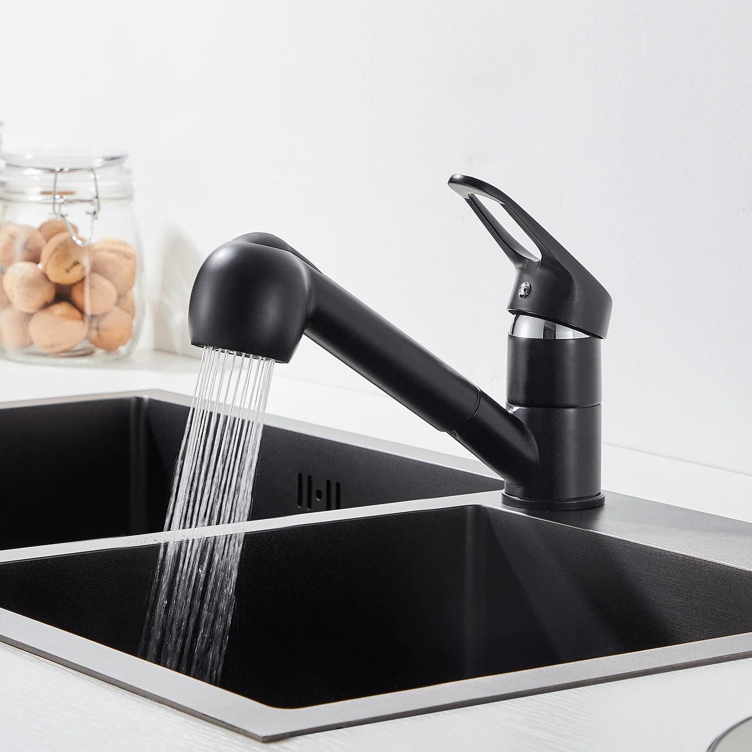 Kitchen Faucet Matte Black, Pull Out Kitchen Tap with 2 Modes Spray, Solid Brass, Deck Mounted 360° Swivel, Sink Mixer, Hot and Cold Water, KTW Certified 50cm Hose, Modern Design, G3/8 Standard