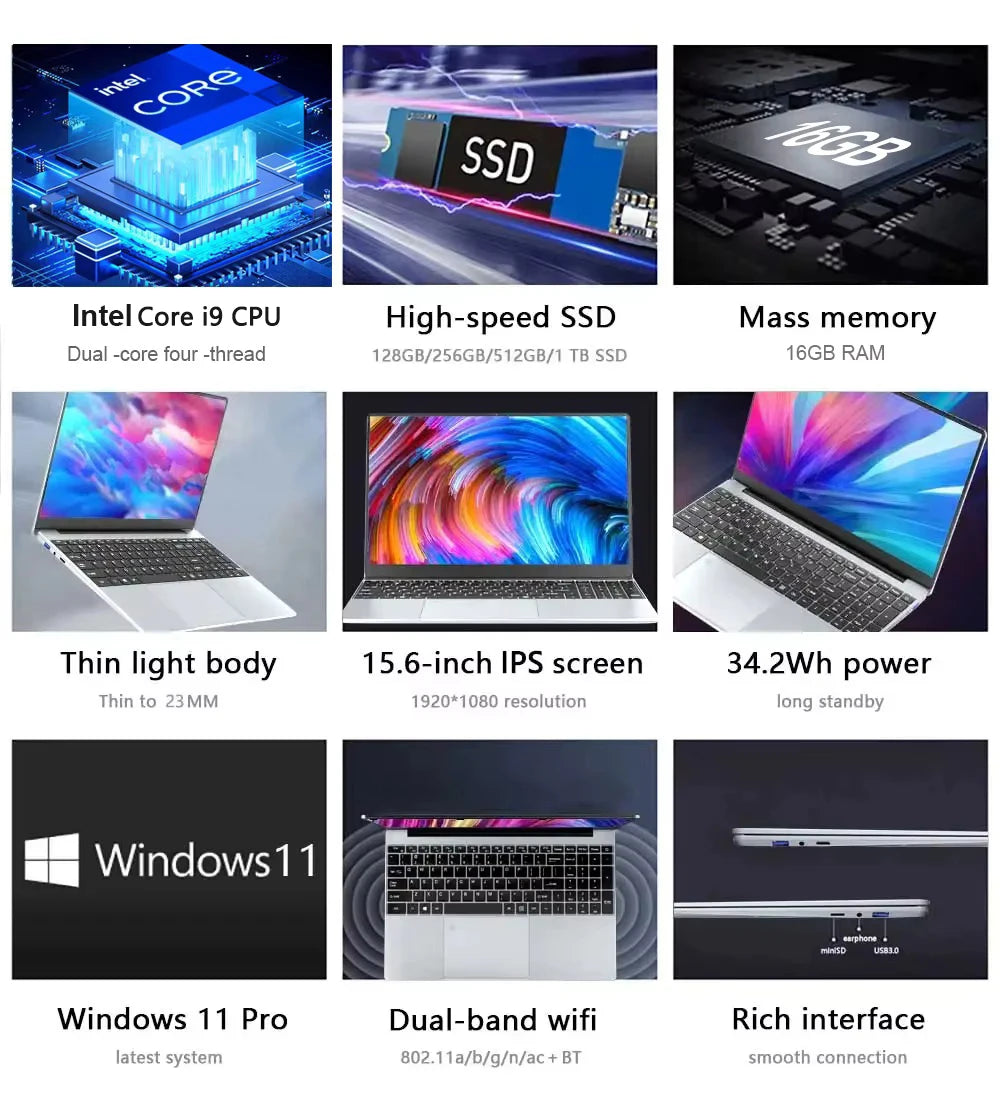Intel i9 15.6" Windows 11 Laptop Computer Intel Core i9 10980HK 16GB 1TB Laptops Office Computer Fingerprint Unlock Notebook PC